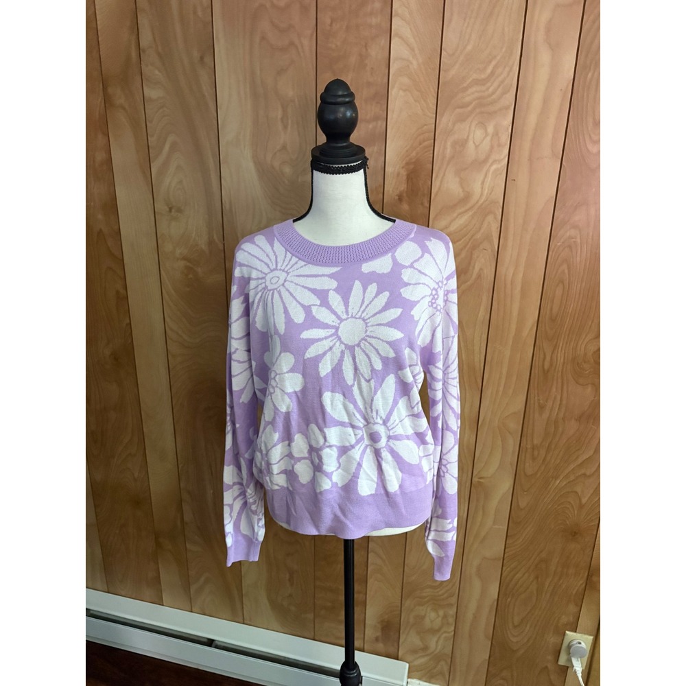 LOFT Purple White Floral Daisy Knit Sweater Womens Medium Long Sleeve Crew Neck